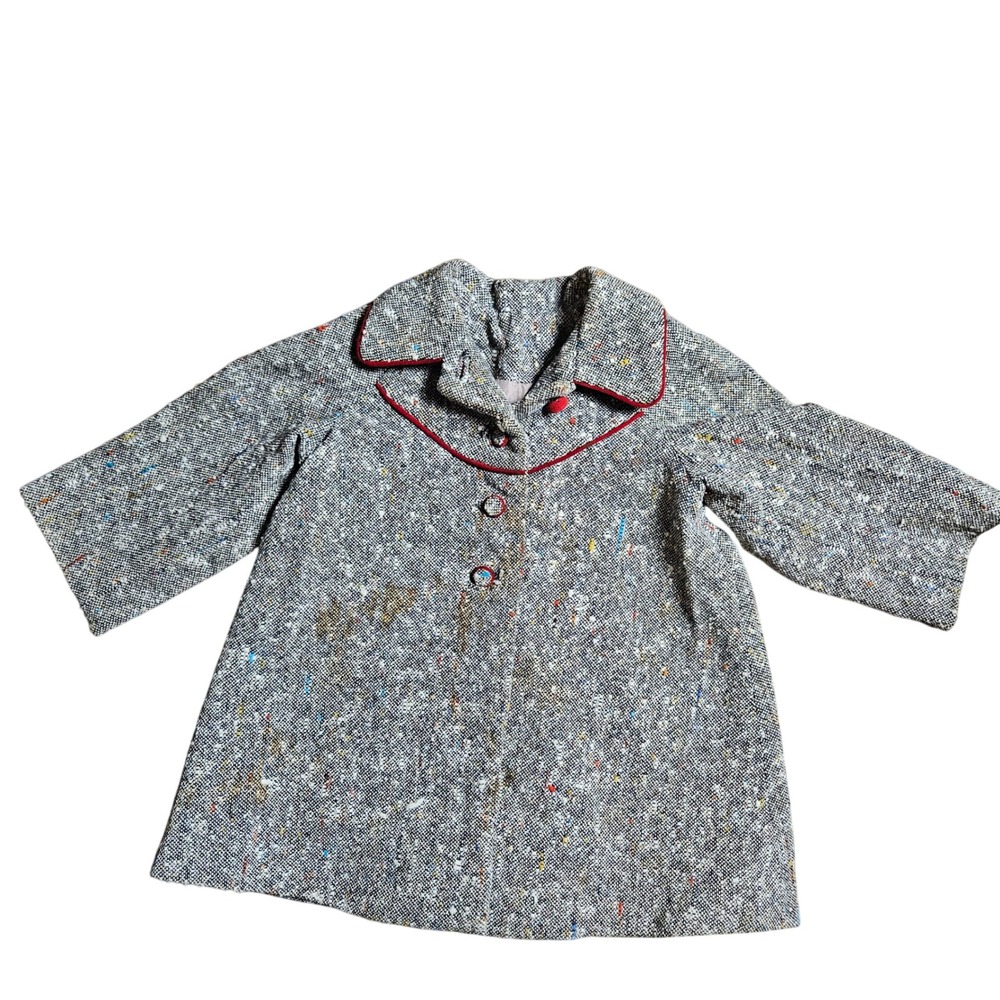 Vintage 60s 70s Confetti Tweed Coat Red Piping Velvet Bow Detail‎ Baby 12 Mos